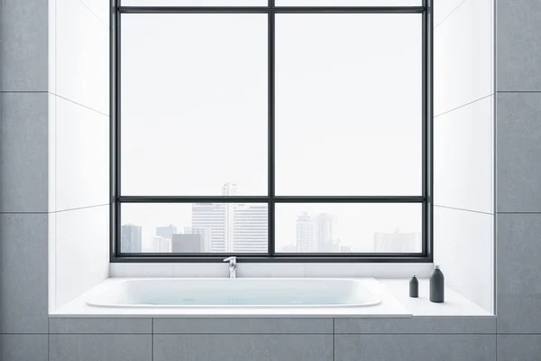清洁的浴室内部 白色浴池和全景城市景观 风格和卫生概念 3D渲染 — 图库照片