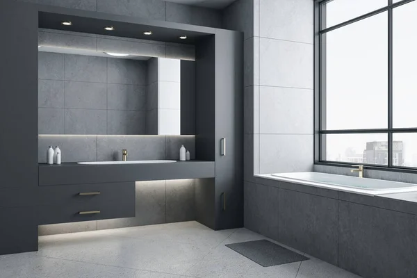 带有浴室和城市视野的灰色浴室内部 风格和卫生概念 3D渲染 — 图库照片