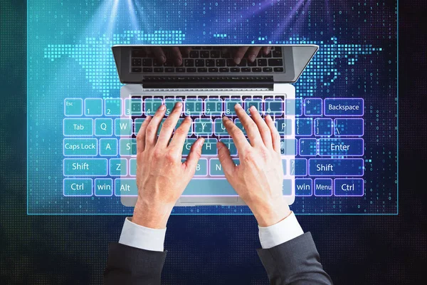 Mão Digitando Laptop Com Teclado Virtual Conceito Tecnologia Comunicação — Fotografia de Stock