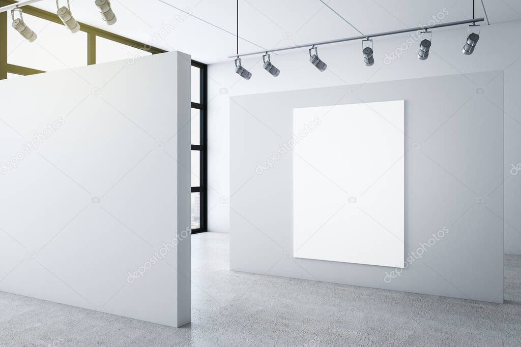 Gallery interior with poster on wall and city view. Museum and art concept. Mock up, 3D Rendering