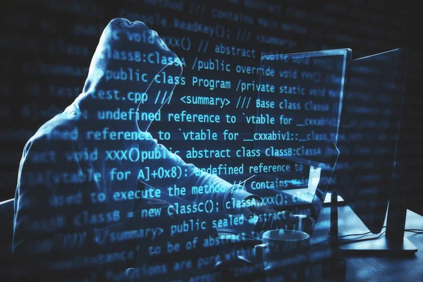Hacker using computer with programming code. Malware and programming concept. Double exposure