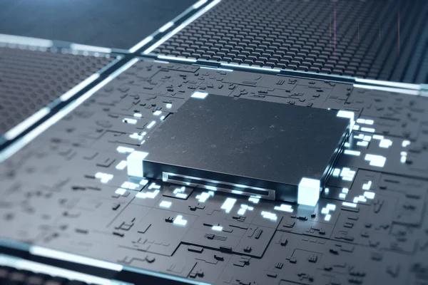 Schwarzer Mikrochip Auf Dunklem Motherboard Hardware Und Engineering Konzept Mock — Stockfoto