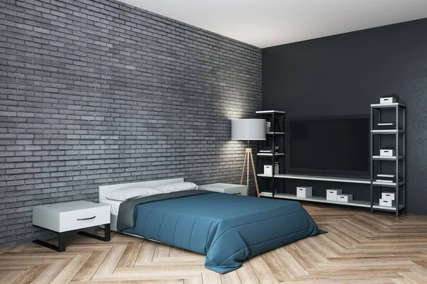 Rent Sovrum Med Blått Omslag Och Blank Tegelvägg Design Och — Stockfoto