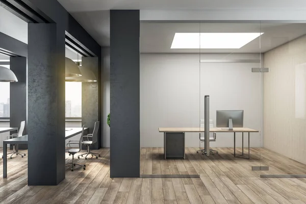 テーブルと椅子 コンピュータ オフィス用品を備えた豪華なオフィススペース 職場と企業のコンセプト 3Dレンダリング — ストック写真