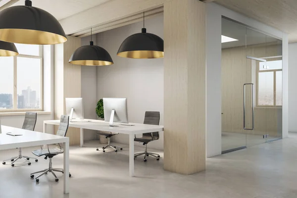 Coworking Contemporáneo Interior Oficina Con Vista Ciudad Muebles Lugar Trabajo — Foto de Stock