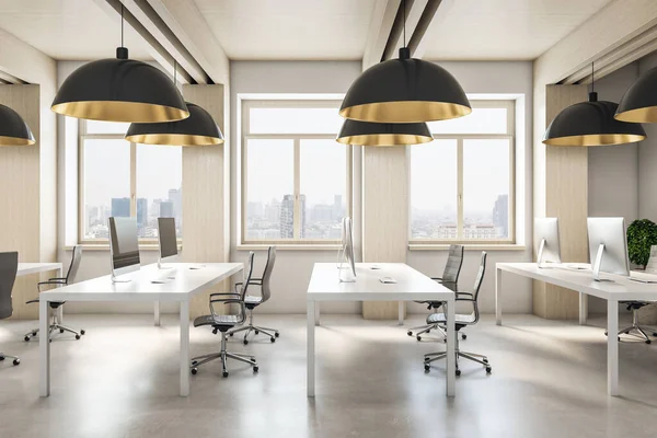 Modernes Coworking Bürointerieur Mit Blick Auf Die Stadt Tageslicht Möbeln — Stockfoto