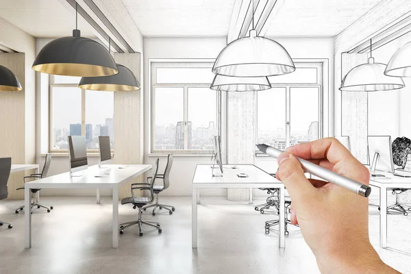 Hand drawn meeting room office interior with city view and daylight. Architecture and drawing concept.