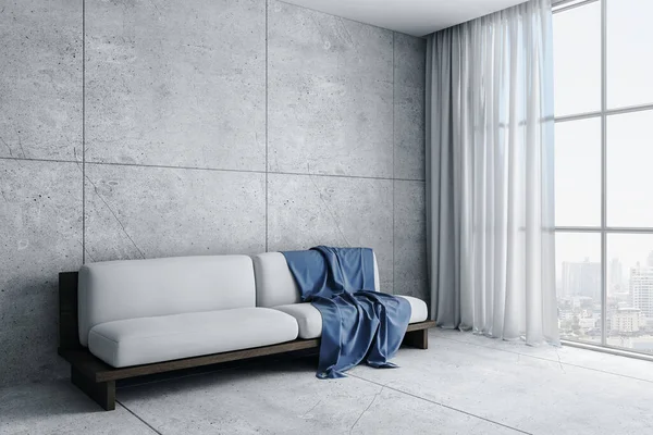 Minimalistic room with sofa, curtains and city view. Design and style concept. 3D Rendering