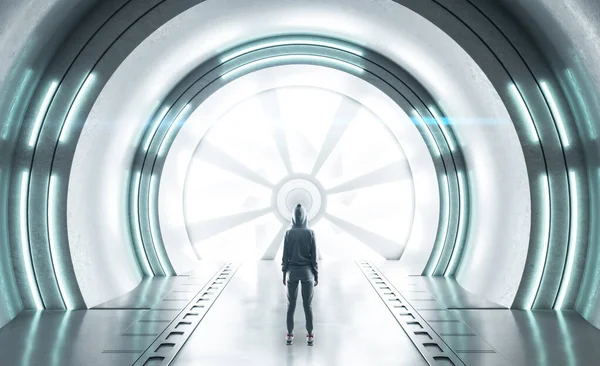 Hacker Staat Witte Futuristische Tunnel Interieur Met Neon Lampen Toekomst — Stockfoto