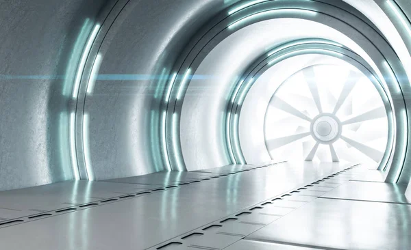 ネオンランプでミニマルな未来的なトンネルインテリア 未来とデザインのコンセプト モックアップ 3Dレンダリング — ストック写真