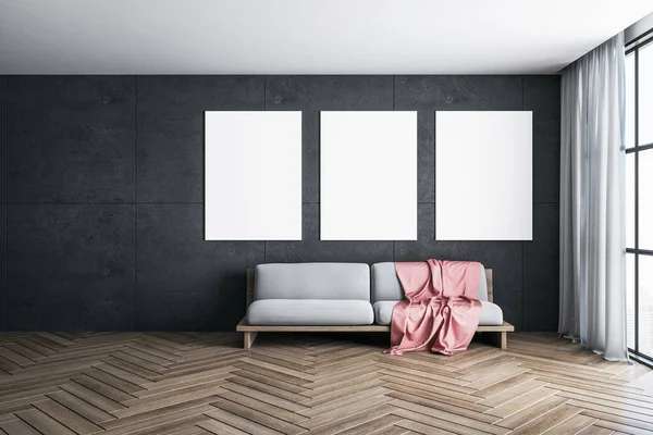 Woonkamer Met Sofa Drie Blanco Posters Betonnen Muur Kunst Design — Stockfoto