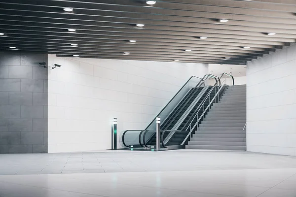 Intérieur Gare Avec Escalator Copyspace Vide Sur Mur Béton Maquette — Photo