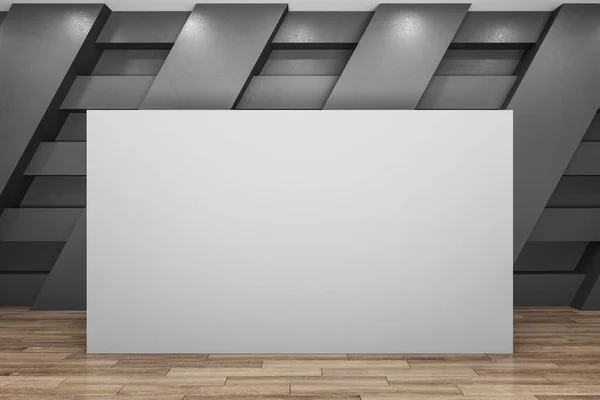 灰色的内部 有木制地板 墙上有空白的横幅 列报概念 把它弄坏了3D渲染 — 图库照片