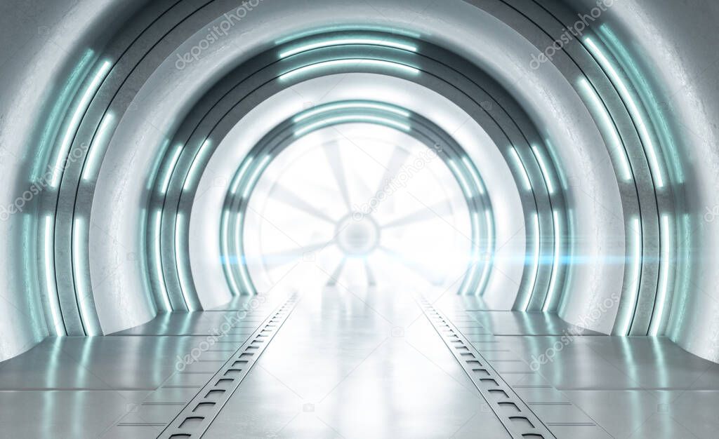 White futuristic tunnel interior with neon lamps. Future and design concept. Mock up. 3D Rendering