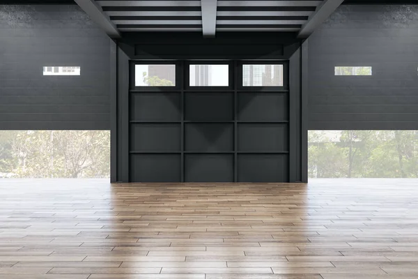 黒のドア 木製の床と都市の景色と現代的なギャラリーのインテリア パフォーマンスとプレゼンテーションのコンセプト 3Dレンダリング — ストック写真