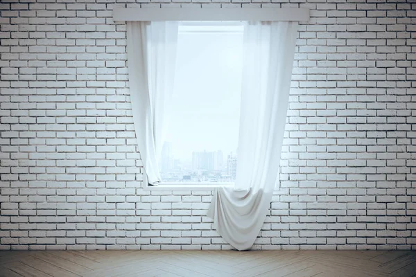 Moderní Světlý Prázdný Pokoj Prázdnou Cihlovou Zdí Bílou Oponou Oknem — Stock fotografie