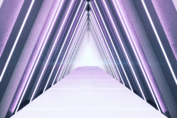 Purple Interior Abstract Luminous Triangle Corridor Innovation Modern Concept Rendering — Stock Photo, Image