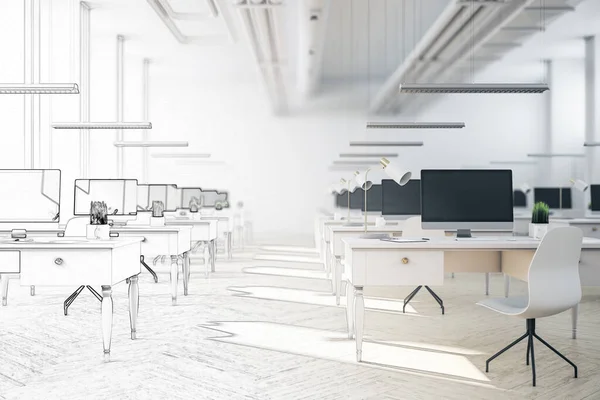 Dibujo Contemporáneo Coworking Interior Oficina Con Luz Natural Muebles Equipos — Foto de Stock