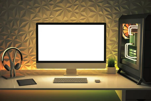 现代设计台式机 配有白色电脑屏幕等设备 模特儿 3D渲染 — 图库照片