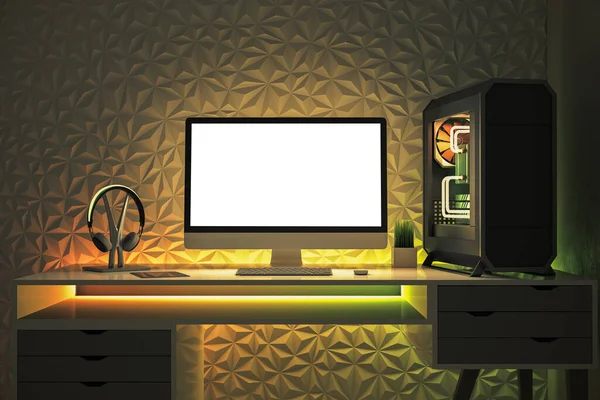 Beyaz Bilgisayar Ekranı Soğutmalı Sistem Ünitesi Olan Modern Tasarımcı Masaüstü — Stok fotoğraf