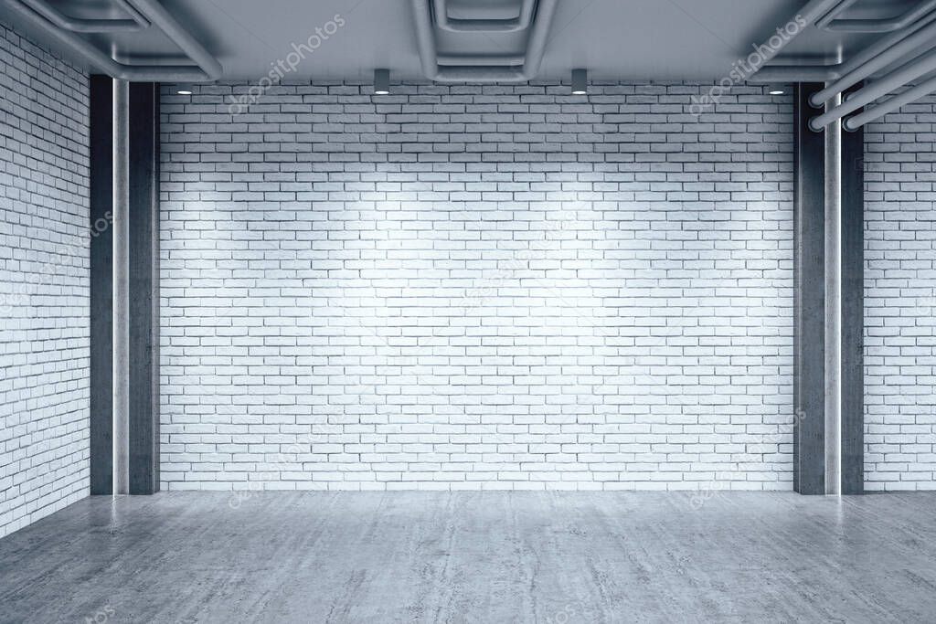Modern warehouse interior with blank wall. Design and style concept. Mock up, 3D Rendering