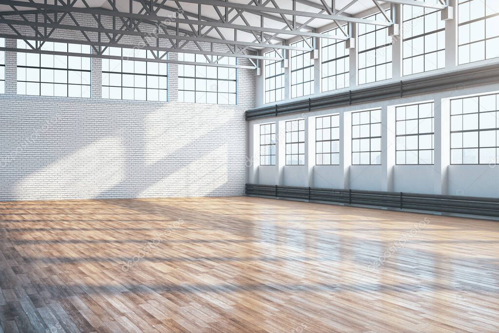 Minimalistic large hangar interior with empty brick wall and wooden floor. Industrial and exhibition concept. 3D Rendering