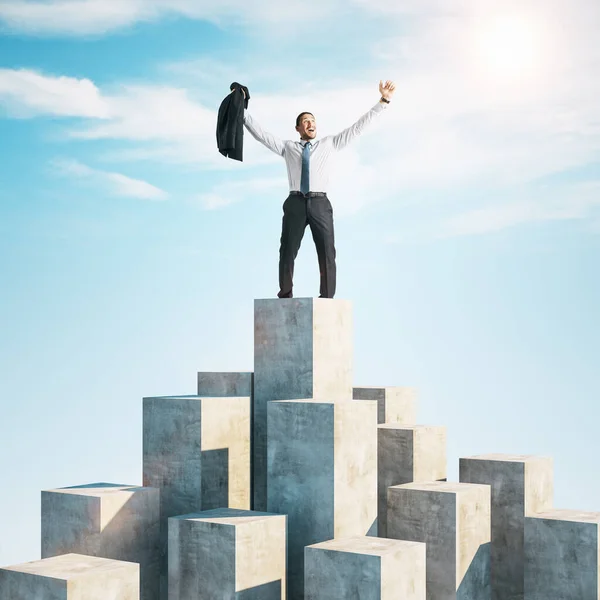 Happy Businessman Standing Cube Look Distance Motivation Career Success Concept — Stock Photo, Image