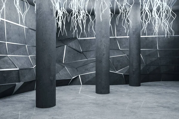 Galeria Futurista Interior Com Parede Poligonal Colunas Pretas Design Conceito — Fotografia de Stock