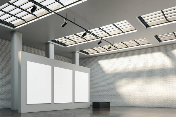 Modern Galéria Belső Három Üres Hirdetőtáblával Szürke Falon Padon Múzeum — Stock Fotó