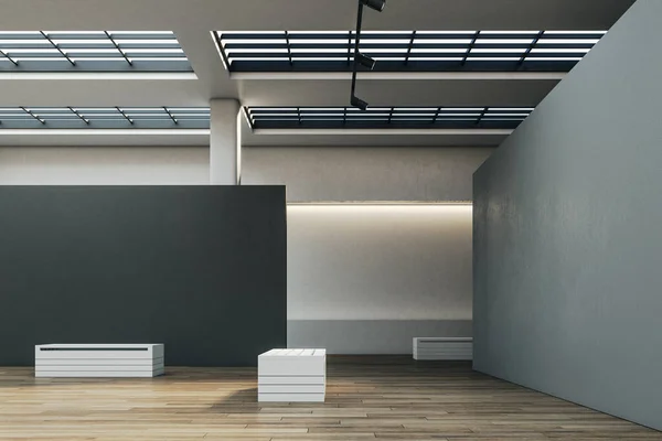 Modern Tentoonstellingshal Interieur Met Kopieerruimte Betonnen Grijze Muur Bank Galerij — Stockfoto