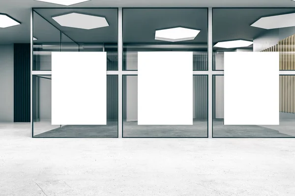 Kontorsinteriör Med Tre Tomma Affischer Glasvägg Och Möbler Begreppet Arbetsplats — Stockfoto