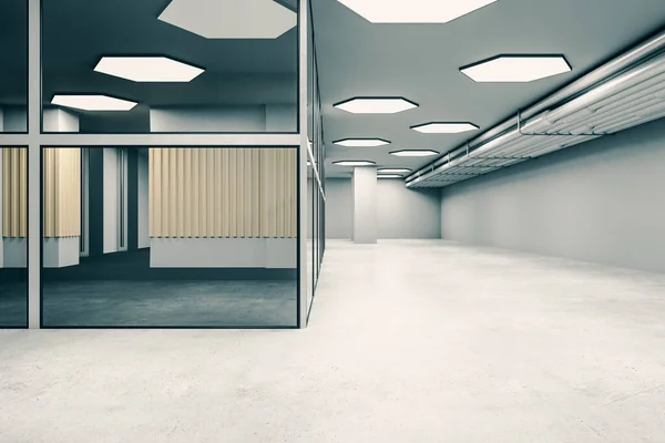 Contemporary office hall in glass interior with concrete floor. Workplace and lifestyle concept. Mock up, 3D Rendering