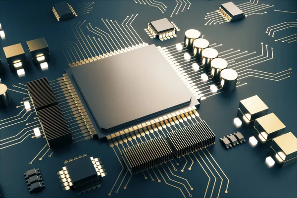 Cpu Mikrochip Mörkt Moderkort Hårdvara Och Teknik Mock Rendering — Stockfoto