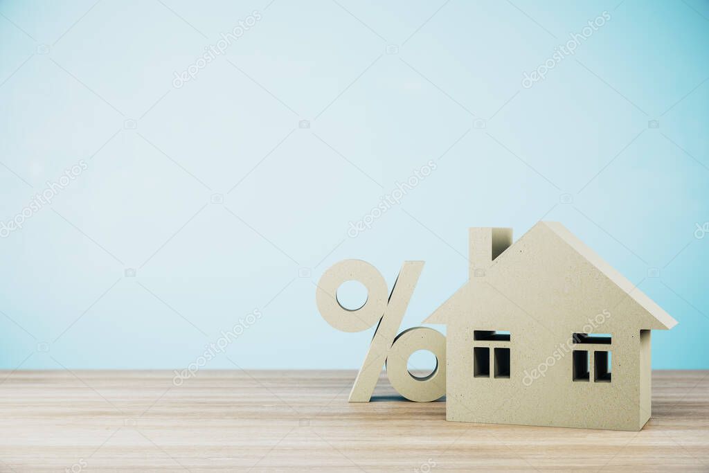 Abstract house with sign percent on wooden table. Business and financial success concept. 3D Rendering
