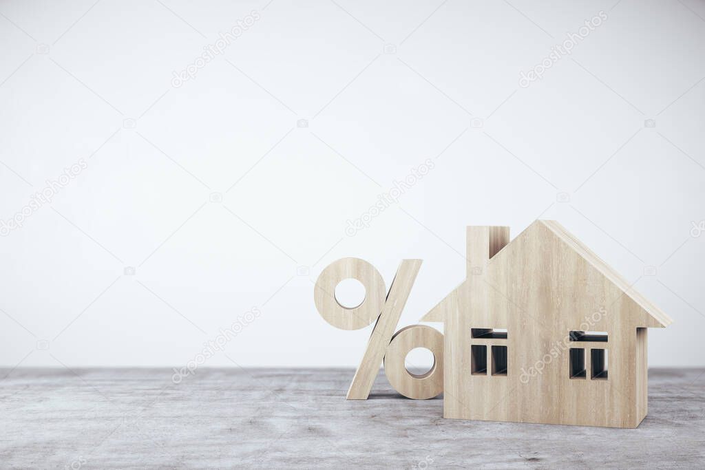 Wooden house with sign percent on concrete table. Business and financial success concept. 3D Rendering