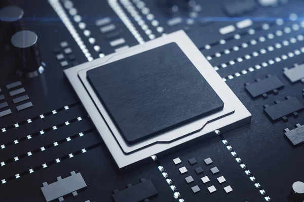 Cpu Mikrochip Mörkt Moderkort Hårdvara Och Teknik Mock Rendering — Stockfoto