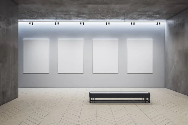 Galería Interior Con Cuatro Pancartas Vacías Pared Gris Banco Concepto — Foto de Stock