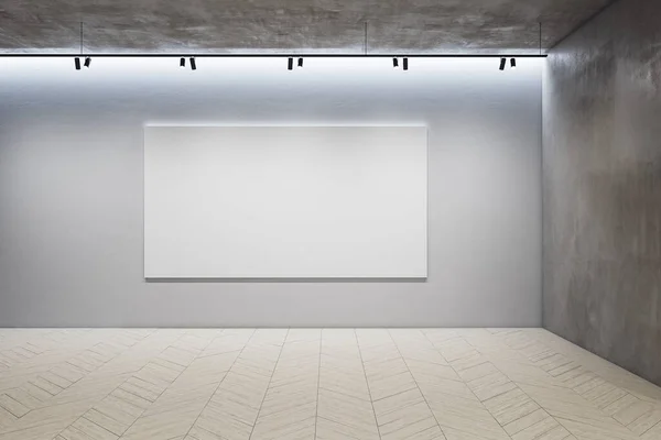 Modern Tentoonstellingsinterieur Met Plafondlamp Blanco Banner Betonnen Wand Presentatie Concept — Stockfoto