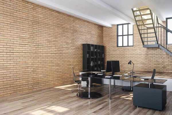Loft office desk with personal computer, supplies and blank brick wall. Remote work and education concept. 3D Rendering