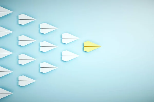 Abstract yellow and white paper planes flying on blue background. Leadership and success concept. 3D Rendering