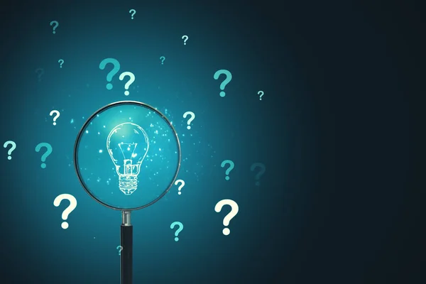 Magnifying glass search lightbulb and drawing question mark on blue background. Success and startup concept. 3D Rendering