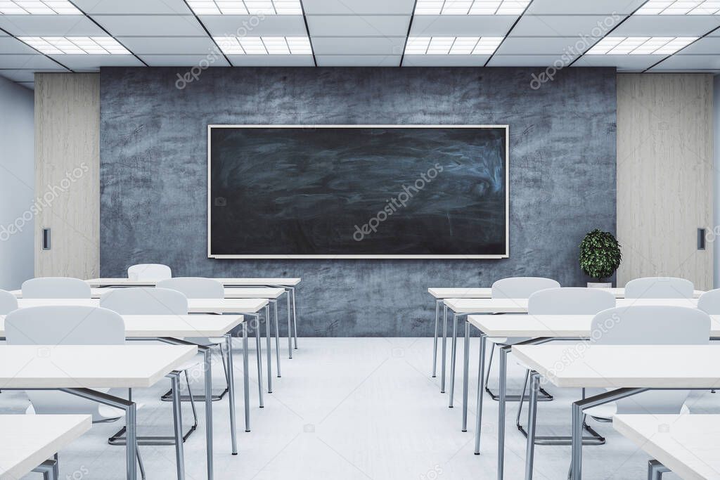 Classroom interior with empty blackboard, furniture and daylight. Education and school concept. Mock up, 3D Rendering