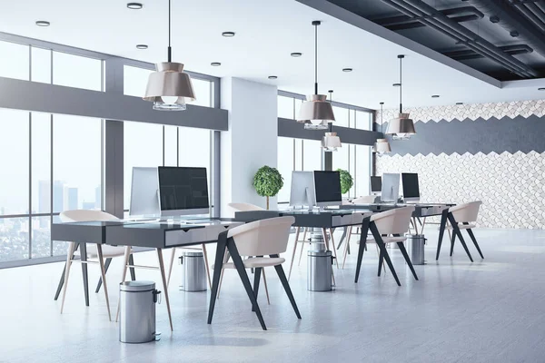 Minimalistisch Coworking Office Interieur Met Computers Uitzicht Stad Werkplaats Bedrijfsconcept — Stockfoto