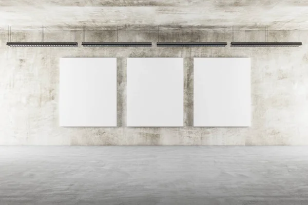 Exposição Interior Com Lâmpada Teto Três Banners Branco Parede Concreto — Fotografia de Stock