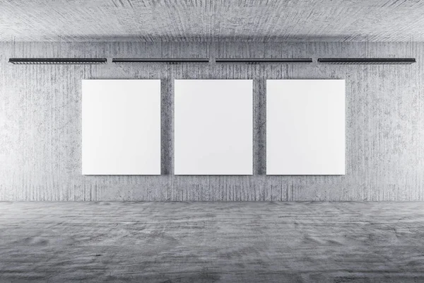 Interior Galería Moderna Con Tres Vallas Publicitarias Vacías Pared Concepto — Foto de Stock