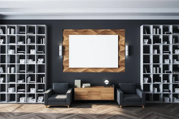 Clean living room interior with bookshelf and white blank banner on wall. Workplace and corporate concept. 3D Rendering