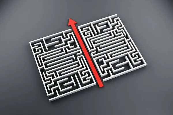 Creative labyrinth background with red arrow. Challenge and risk concept. 3D Rendering