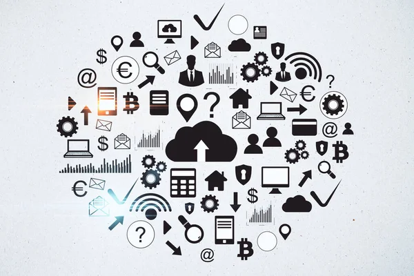 Drawing cloud computing diagram on concrete wall. Cloud computing and communication concept. 3D Rendering