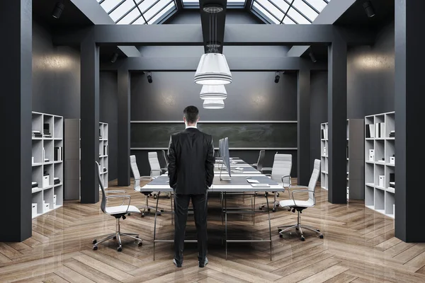 Businessman Standing Coworking Office Interior Hall Computers Shelf Book Occupation — Stock Photo, Image