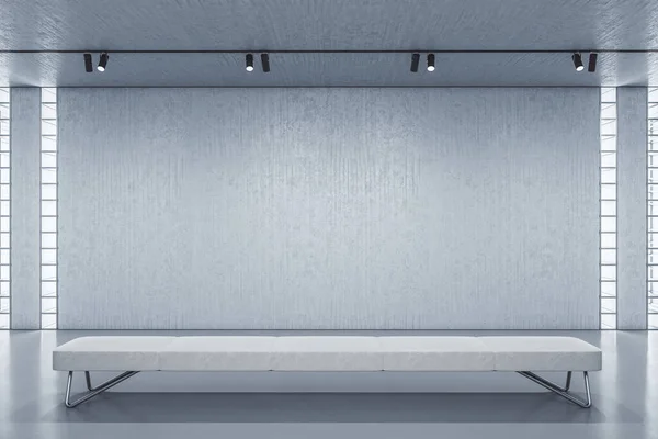 Modern Gallery Hall Bench Blank Wall Performance Presentation Concept Mock — Stock Photo, Image